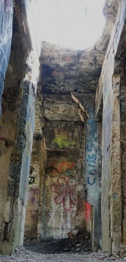 Graffiti-covered walls in ancient ruins, showcasing urban decay.