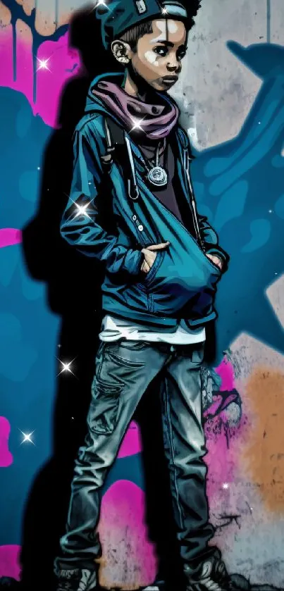 Urban graffiti wallpaper with young figure and vibrant murals.