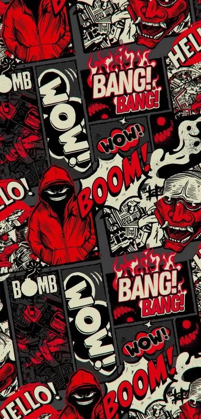 Urban graffiti style wallpaper with red and black comic elements.