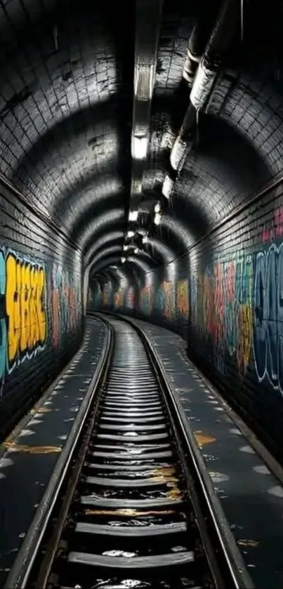 Graffiti-filled train tunnel with vibrant colors and mysterious ambiance.