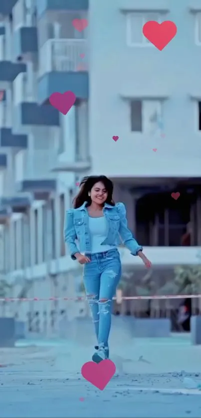 Woman in denim walking with heart graphics