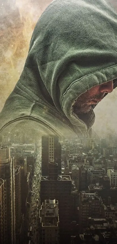 Hooded figure merging with urban skyline in artistic wallpaper