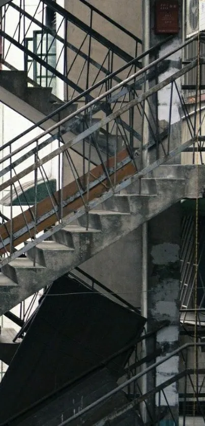 Urban industrial staircase with geometric patterns and concrete textures.