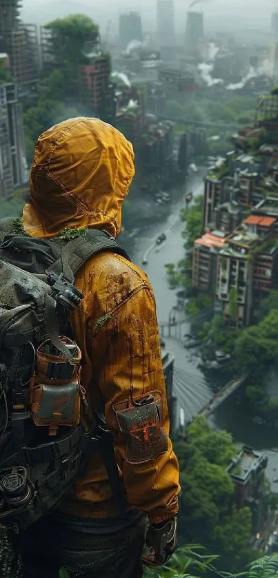 Urban explorer in yellow jacket overlooking futuristic cityscape.