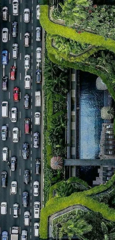 Aerial view of urban jungle with green architecture and city traffic.