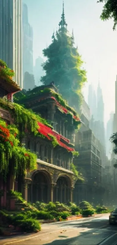 Lush greenery enveloping urban skyscrapers in a serene cityscape wallpaper.