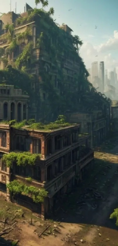 Urban ruins with lush greenery reclaiming cityscape.