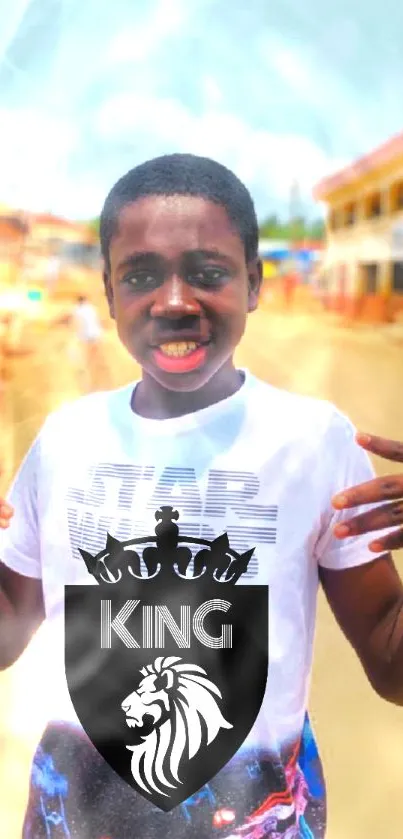 Urban youth with lion king emblem on vibrant city street background.