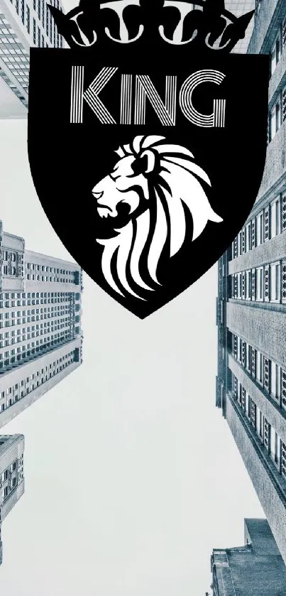 Lion crest with KING text over urban skyscrapers.