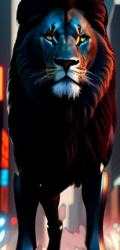 Majestic lion with neon hues in urban cityscape.