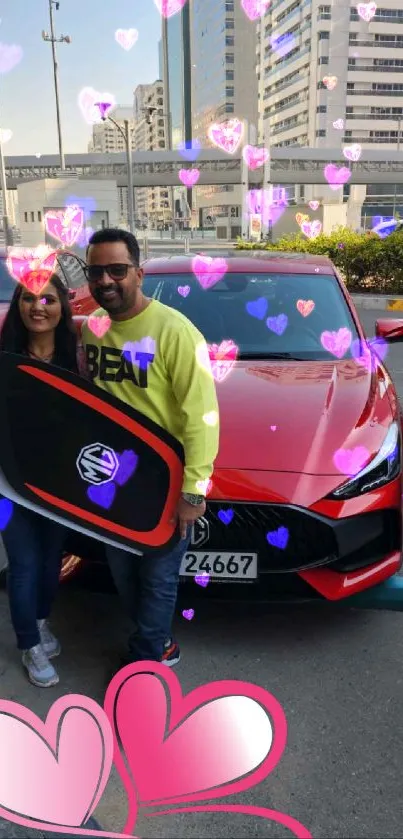 Couple with red car and heart animations in city background.