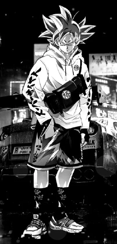 Manga character in urban cityscape with neon lights, black and white style.