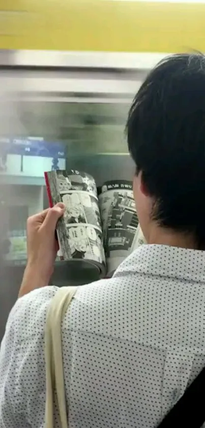 Person reading manga on a moving subway train.