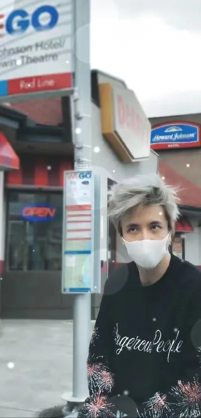 Person with mask in urban street setting, grey tones.