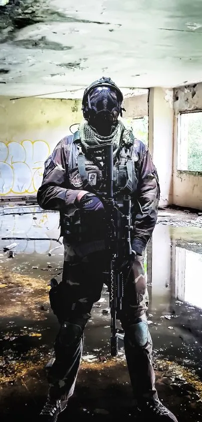 Soldier in tactical gear in an abandoned urban setting.