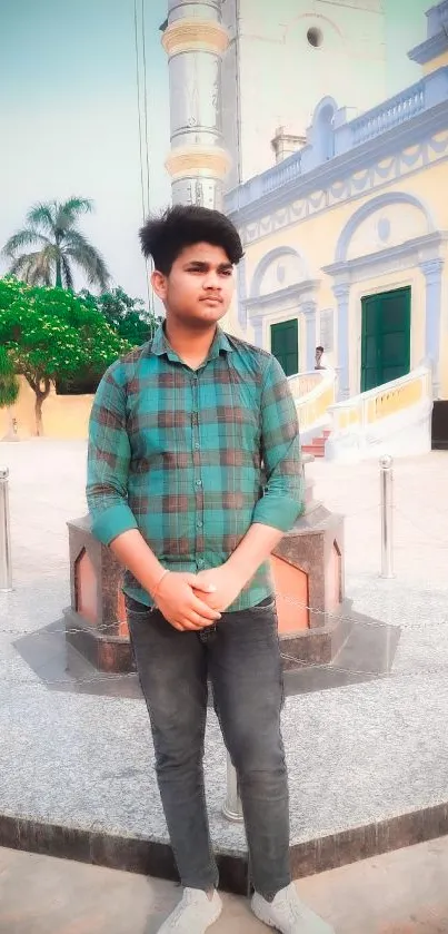 Young man standing in front of historic building, vibrant urban setting.