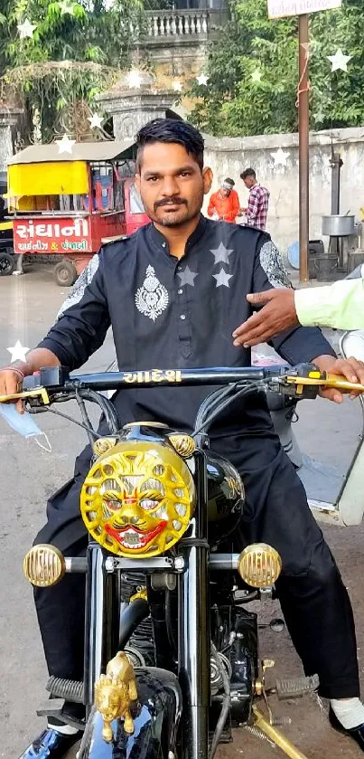 Man riding a stylish motorcycle in an urban setting.