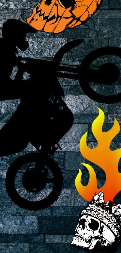 Motorcycle silhouette with flames and skulls on a textured stone background.