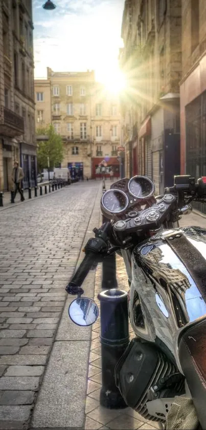 Motorcycle parked on a sunlit urban street with dynamic cityscape view.