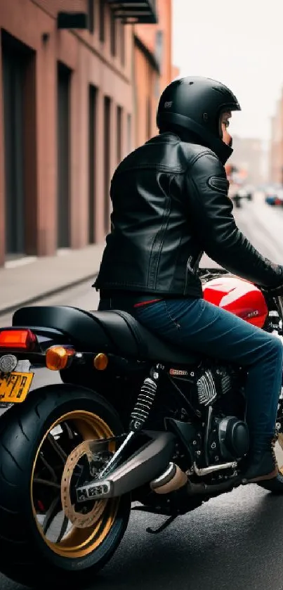 Motorcyclist riding through city streets, wearing a leather jacket.