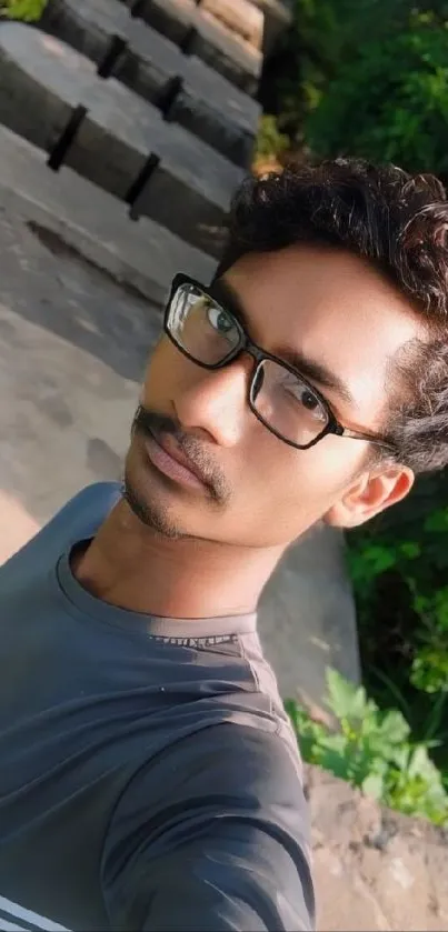 A young man in glasses takes a selfie with nature in the background.