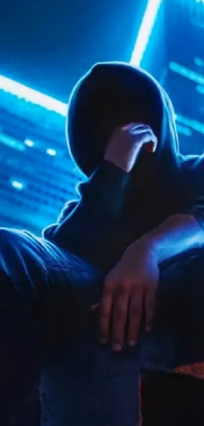 Hooded figure against neon-lit skyscrapers, creating a mysterious urban scene.