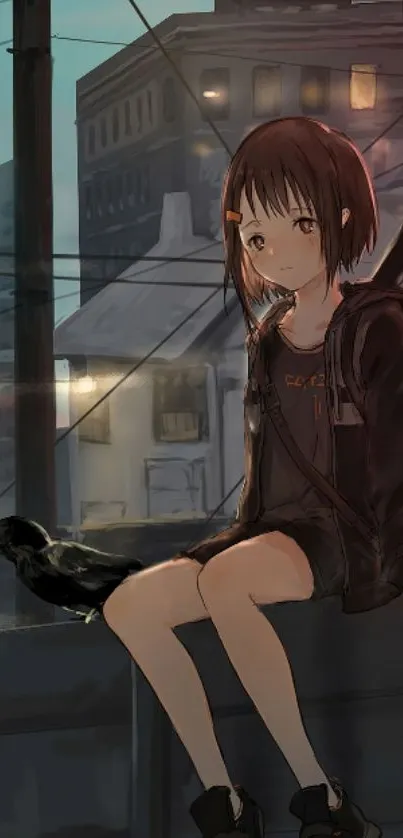 Anime character sitting on urban rooftop at night with dark hues.