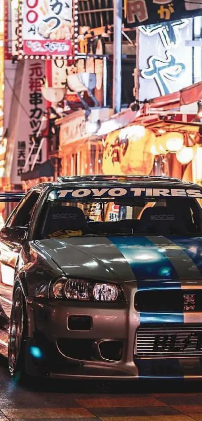 Car parked under vibrant urban lights at night.