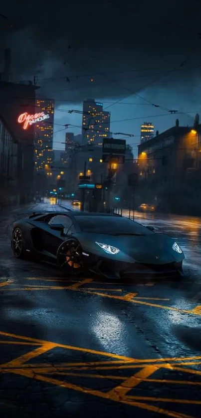 Sleek car under city lights at night with a dark, urban backdrop.