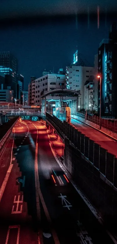 A vibrant urban night cityscape with neon lights and empty streets.