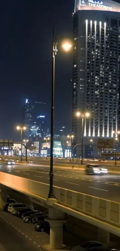 Night cityscape with skyscrapers and vibrant lights.