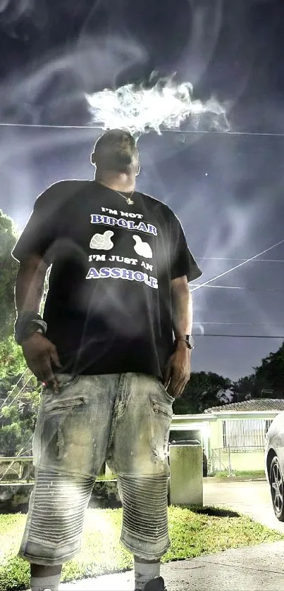 Man exhaling smoke under dim streetlights at night with a car in the background.