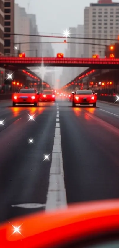 Night city drive with red cars and glowing street lights.