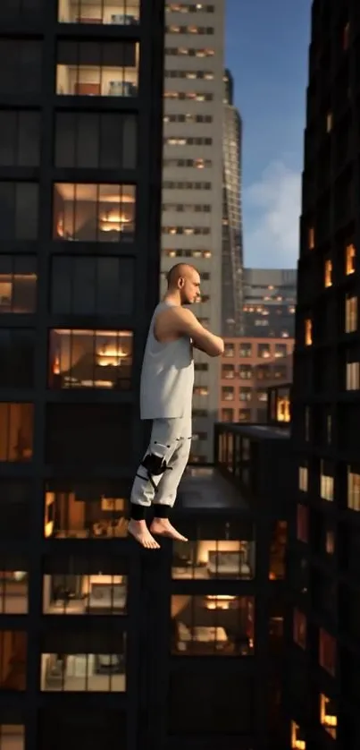 Man standing mid-air between city buildings at night.