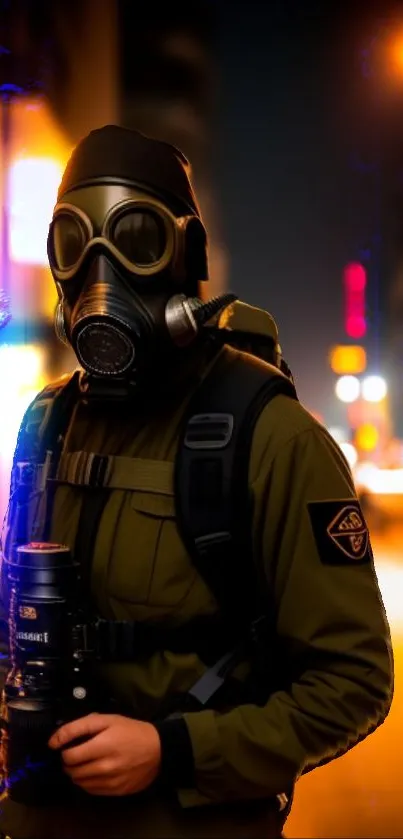 Person in urban setting wearing gas mask at night.