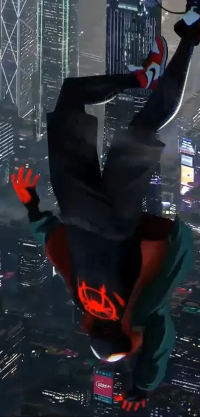 Superhero in dynamic pose over vibrant night cityscape.