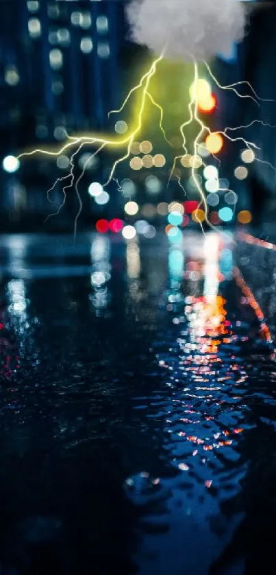 Dynamic urban night scene with lightning reflecting on wet streets.