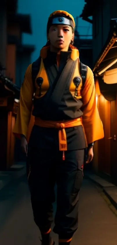 Ninja in urban night setting with vibrant colors and traditional attire.