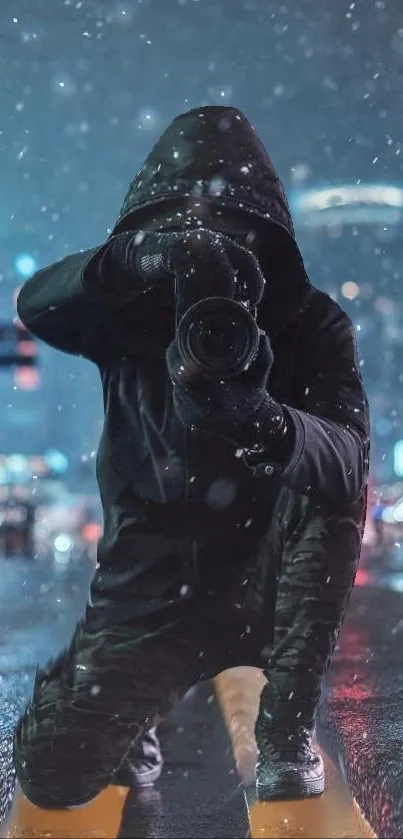 Hooded figure captures street photo in rainy, urban night scene.