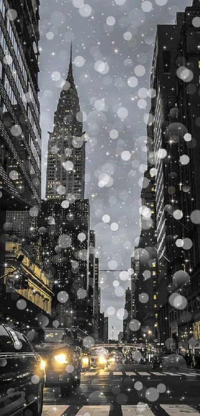 City night scene with cars and tall buildings.