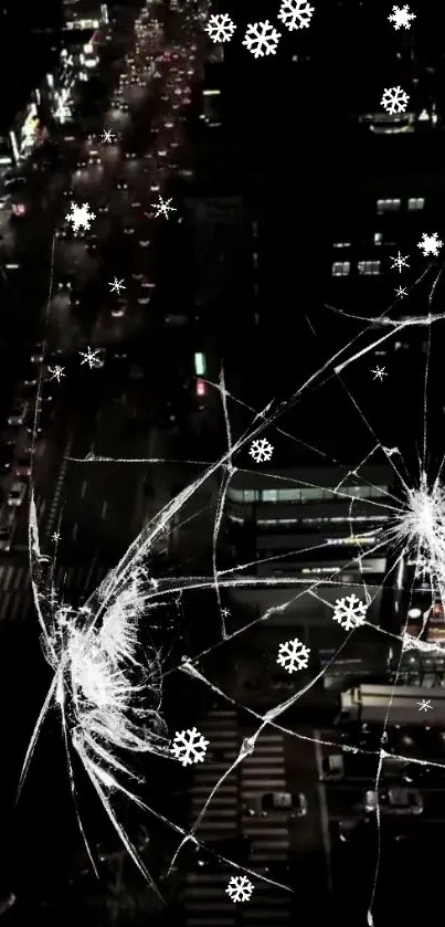 City night scene with cracked glass and snowflakes overlay.