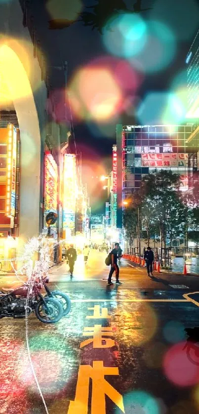 Night city street with neon lights and parked motorcycle.