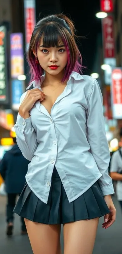 Young woman in urban street fashion at night.