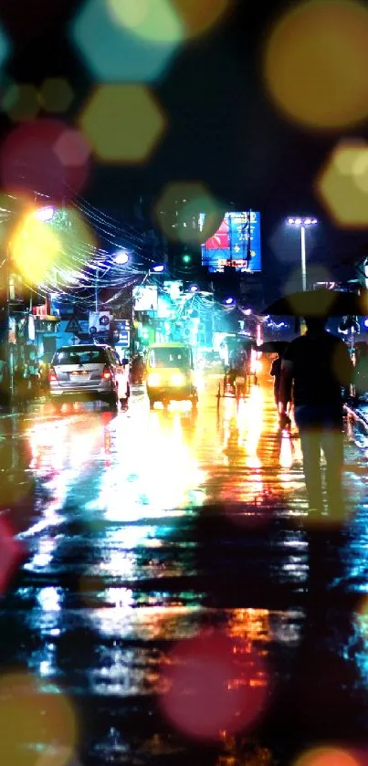 Nighttime urban street scene with neon reflections on wet pavement.