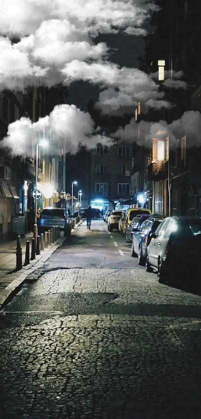 Dark urban street scene with parked cars at night.