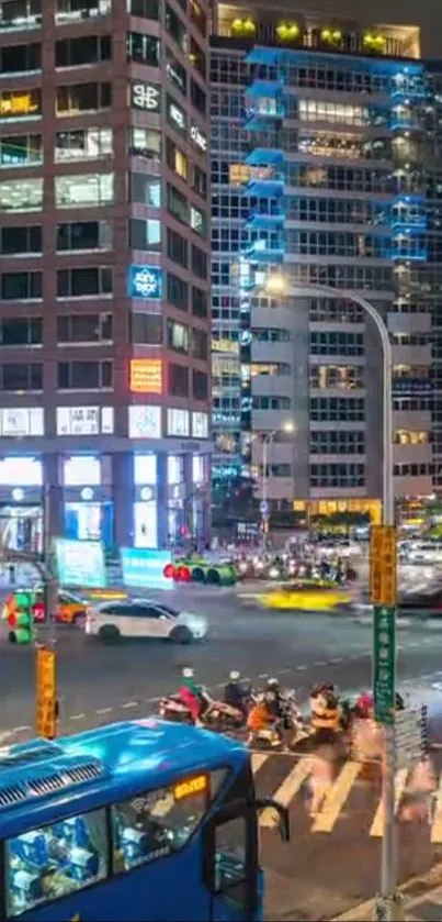 Dynamic nighttime cityscape with traffic and illuminated skyscrapers.