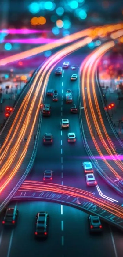 Vibrant urban night traffic wallpaper with neon light streaks.