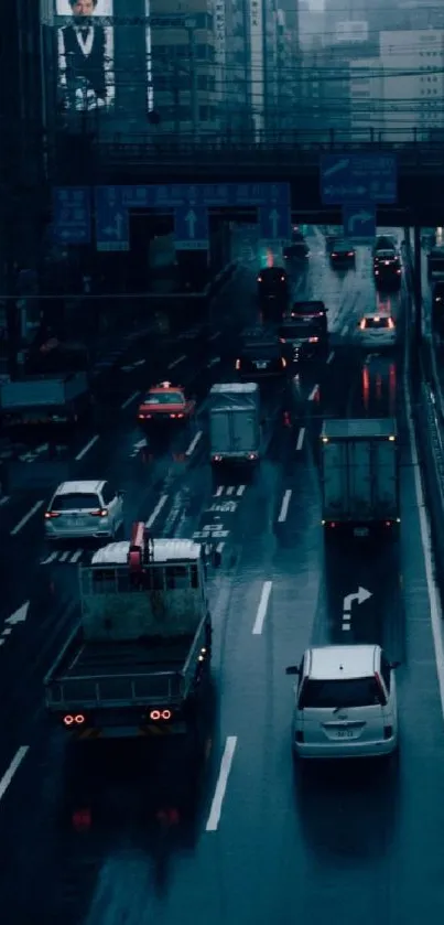 Nighttime urban traffic scene with city lights and dark streets.