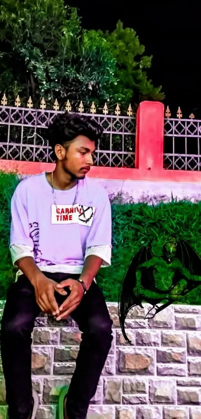 A young man in a white graphic T-shirt seated by a stone wall at night.