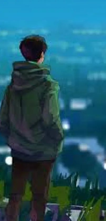 Person overlooking a cityscape at night in digital art style with vibrant colors.